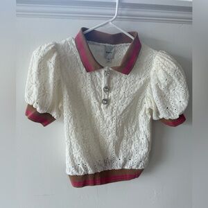 Anthropologie White Lace Shirt with Pink and Brown Trim